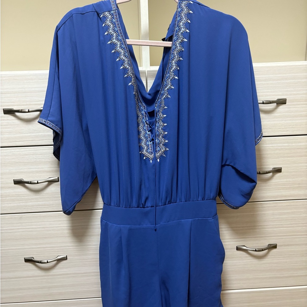 White House Black Market Royal Blue Jumpsuit with Silver Embroidery